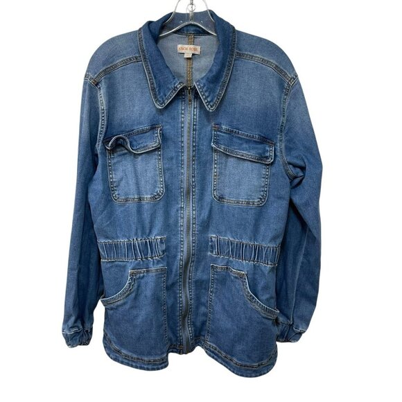 Knox Rose Denim Jacket Zip Front Elastic Waist and Sleeves 4 Pockets Stretch L - Picture 1 of 11